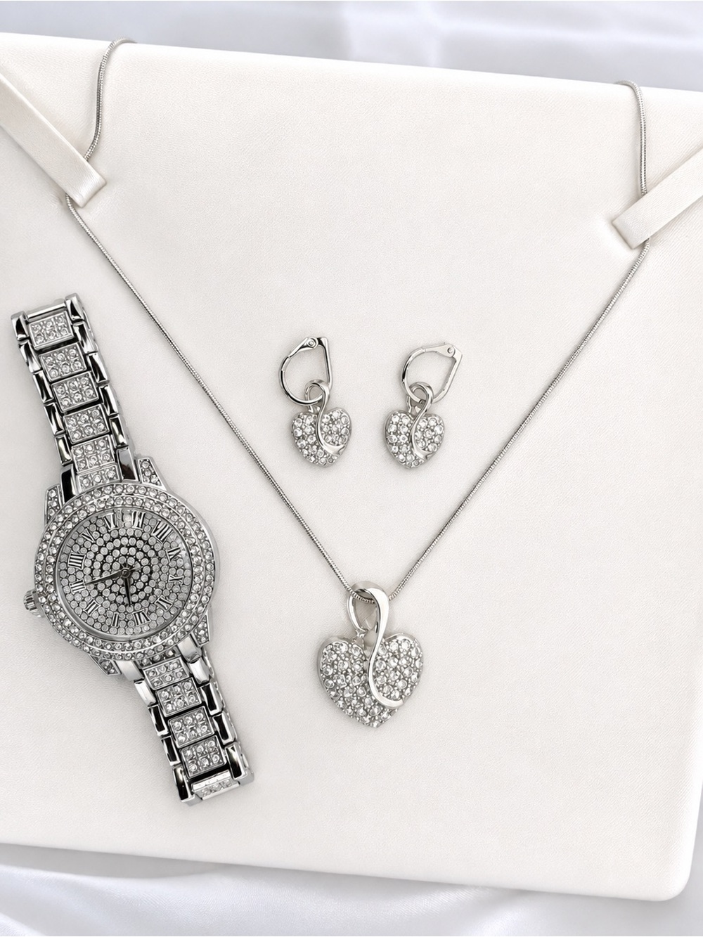 Silver Crystal Heart Necklace and Earring Set with Matching Watch